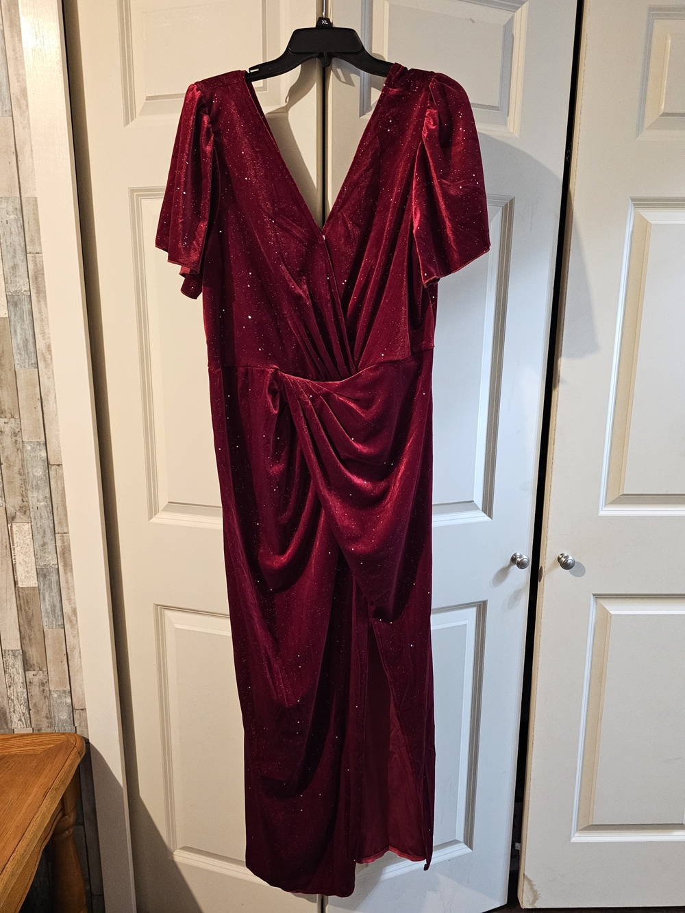 Elegant Sparkle Velvet Red Dress with Draped Front 2 Xl